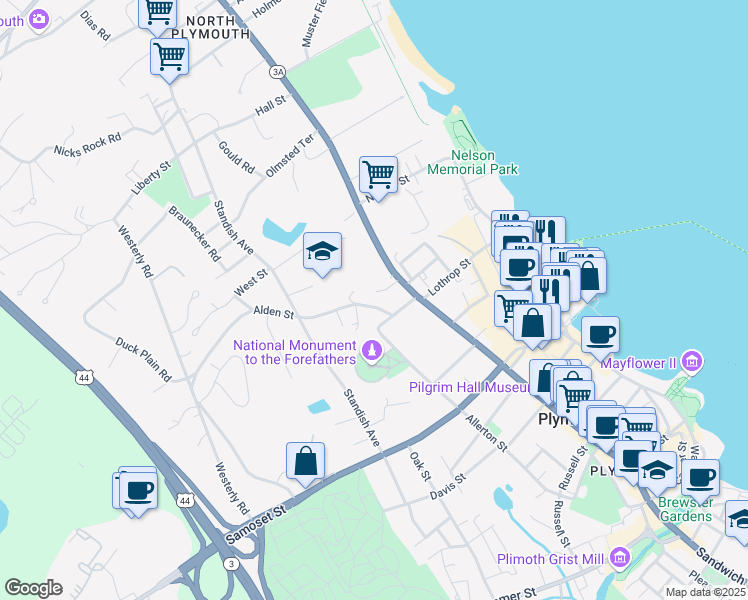 map of restaurants, bars, coffee shops, grocery stores, and more near 7 Alden Street in Plymouth