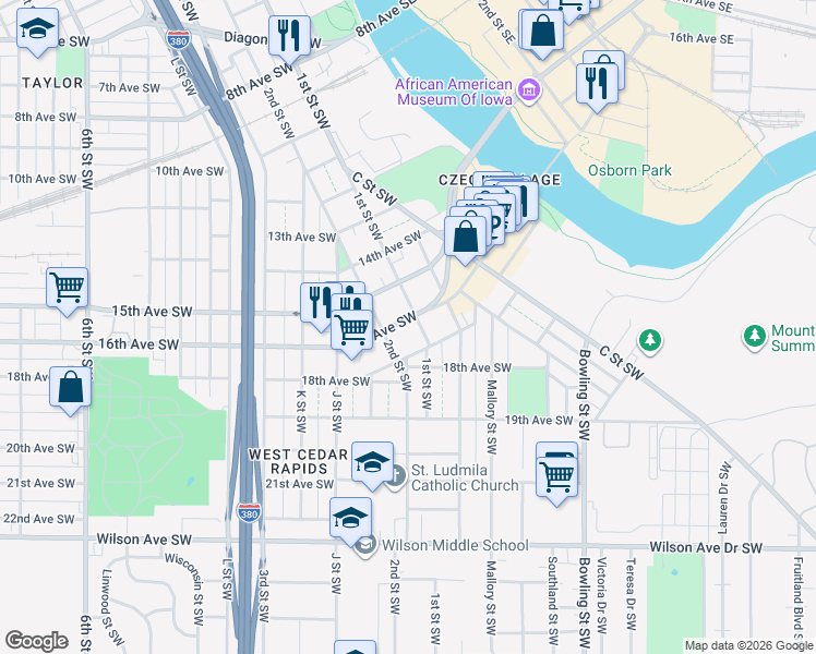 map of restaurants, bars, coffee shops, grocery stores, and more near 177 16th Avenue Southwest in Cedar Rapids
