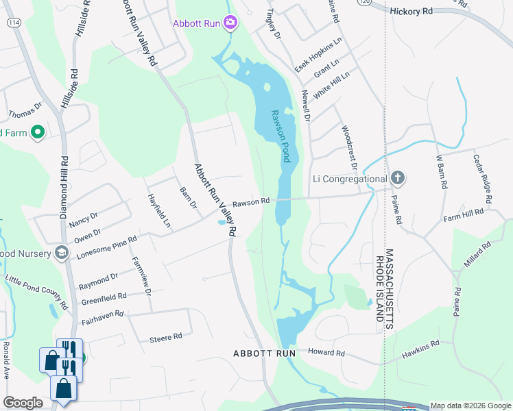 map of restaurants, bars, coffee shops, grocery stores, and more near 12 Rawson Road in Cumberland