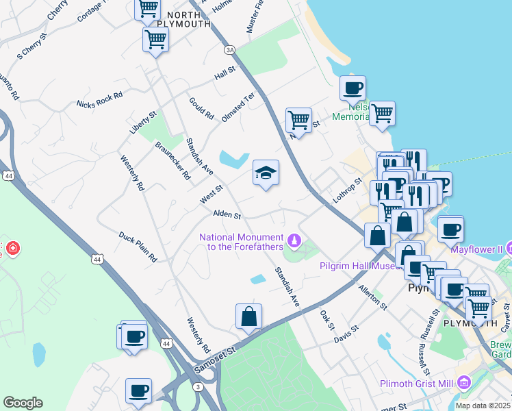 map of restaurants, bars, coffee shops, grocery stores, and more near 29 1/2 Alden Street in Plymouth