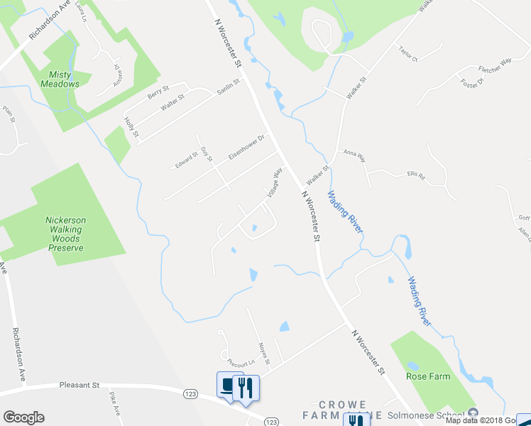 map of restaurants, bars, coffee shops, grocery stores, and more near 4 Village Way in Norton