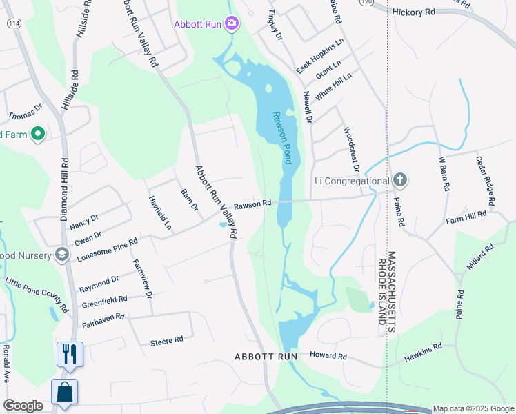 map of restaurants, bars, coffee shops, grocery stores, and more near 12 Rawson Road in Cumberland
