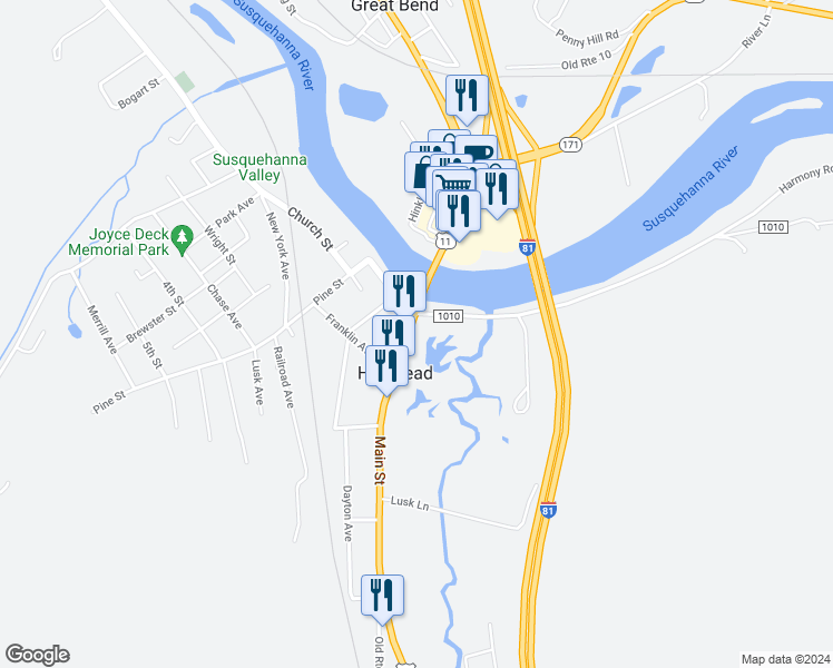 map of restaurants, bars, coffee shops, grocery stores, and more near 732 Main Street in Hallstead