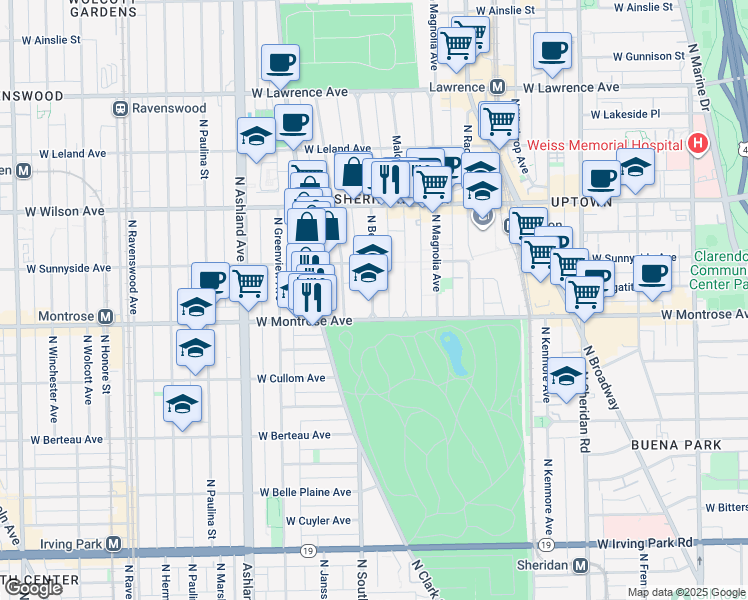 map of restaurants, bars, coffee shops, grocery stores, and more near 4426 North Malden Street in Chicago