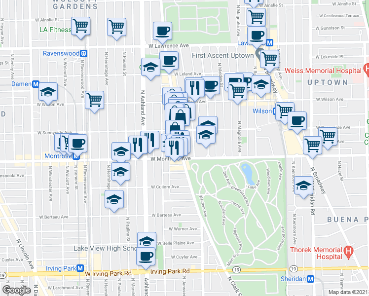 map of restaurants, bars, coffee shops, grocery stores, and more near 4415 North Clark Street in Chicago