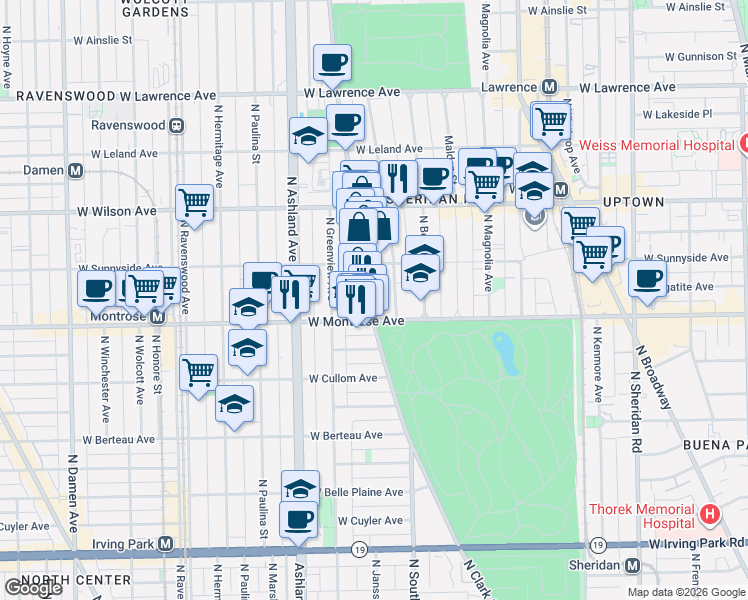 map of restaurants, bars, coffee shops, grocery stores, and more near 4415 North Clark Street in Chicago
