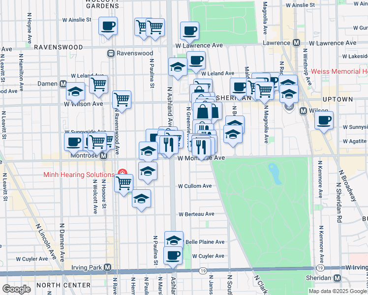 map of restaurants, bars, coffee shops, grocery stores, and more near 4423 North Greenview Avenue in Chicago
