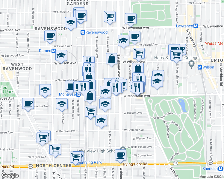 map of restaurants, bars, coffee shops, grocery stores, and more near 4431 North Paulina Street in Chicago