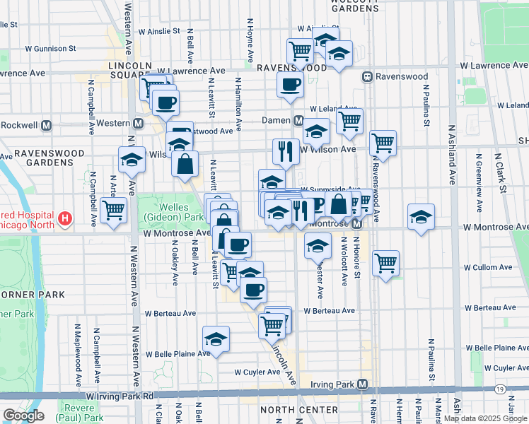 map of restaurants, bars, coffee shops, grocery stores, and more near 4434 North Seeley Avenue in Chicago