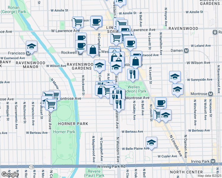 map of restaurants, bars, coffee shops, grocery stores, and more near 4438 North Artesian Avenue in Chicago