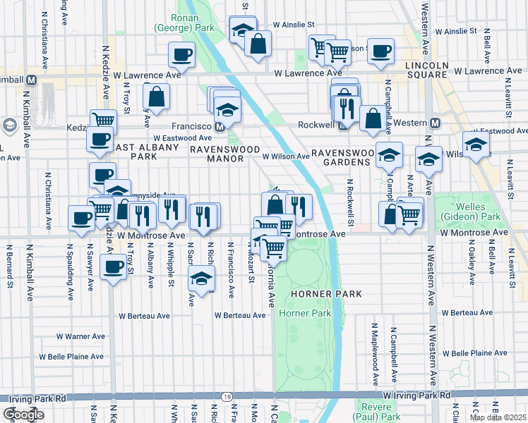 map of restaurants, bars, coffee shops, grocery stores, and more near 4442 North California Avenue in Chicago
