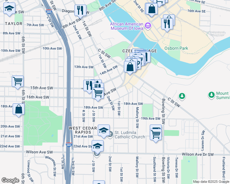 map of restaurants, bars, coffee shops, grocery stores, and more near 190 16th Avenue Southwest in Cedar Rapids