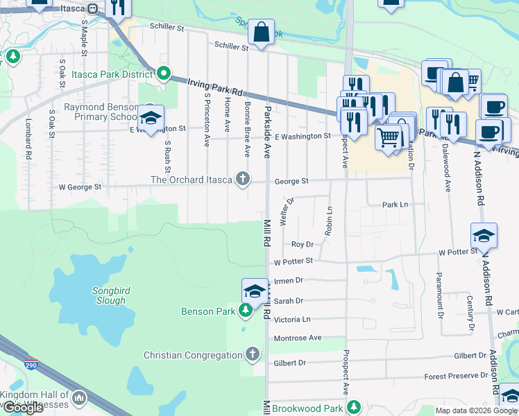 map of restaurants, bars, coffee shops, grocery stores, and more near 518 Mill Road in Itasca