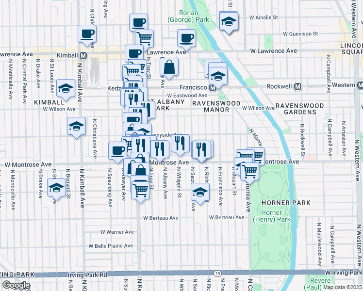 map of restaurants, bars, coffee shops, grocery stores, and more near 4442 North Whipple Street in Chicago