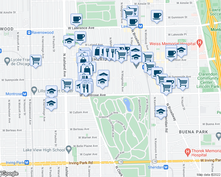 map of restaurants, bars, coffee shops, grocery stores, and more near 4426 North Malden Street in Chicago
