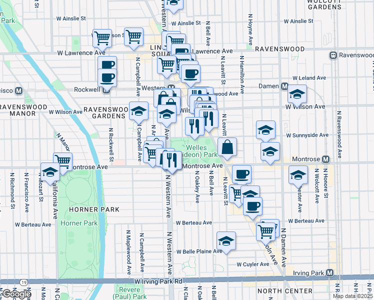 map of restaurants, bars, coffee shops, grocery stores, and more near 2333 West Sunnyside Avenue in Chicago