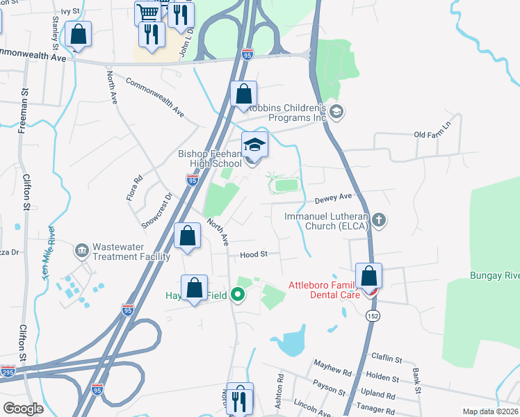 map of restaurants, bars, coffee shops, grocery stores, and more near 112 Dewey Avenue in Attleboro