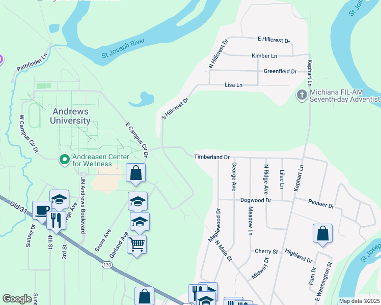 map of restaurants, bars, coffee shops, grocery stores, and more near 4500-4514 Timberland Drive in Berrien Springs