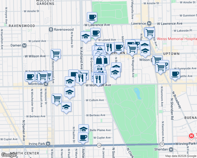 map of restaurants, bars, coffee shops, grocery stores, and more near 4415 North Clark Street in Chicago