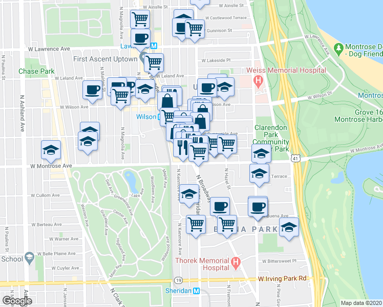 map of restaurants, bars, coffee shops, grocery stores, and more near 4421 North Broadway Street in Chicago