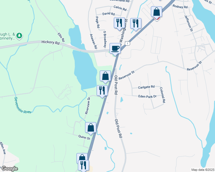 map of restaurants, bars, coffee shops, grocery stores, and more near 633 South Washington Street in North Attleborough