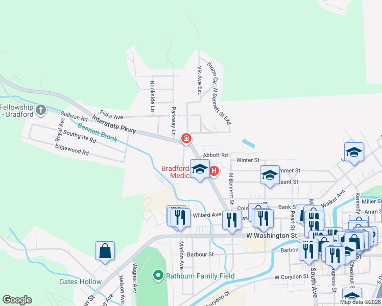 map of restaurants, bars, coffee shops, grocery stores, and more near 177-199 Interstate Pkwy in Bradford