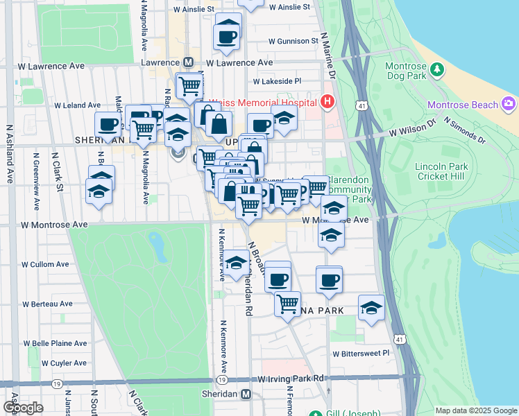 map of restaurants, bars, coffee shops, grocery stores, and more near 941 West Agatite Avenue in Chicago
