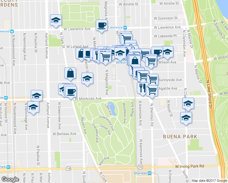 map of restaurants, bars, coffee shops, grocery stores, and more near 4422 North Racine Avenue in Chicago