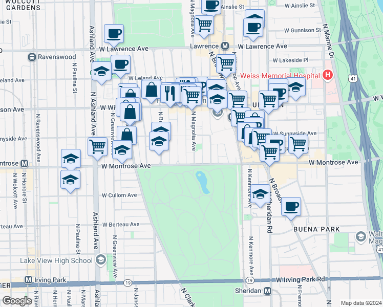 map of restaurants, bars, coffee shops, grocery stores, and more near 4424 North Magnolia Avenue in Chicago