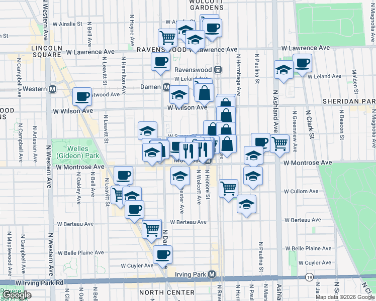 map of restaurants, bars, coffee shops, grocery stores, and more near 4432 North Wolcott Avenue in Chicago