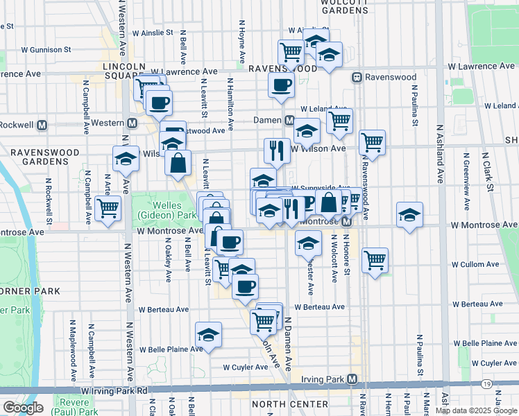 map of restaurants, bars, coffee shops, grocery stores, and more near 4434 North Seeley Avenue in Chicago