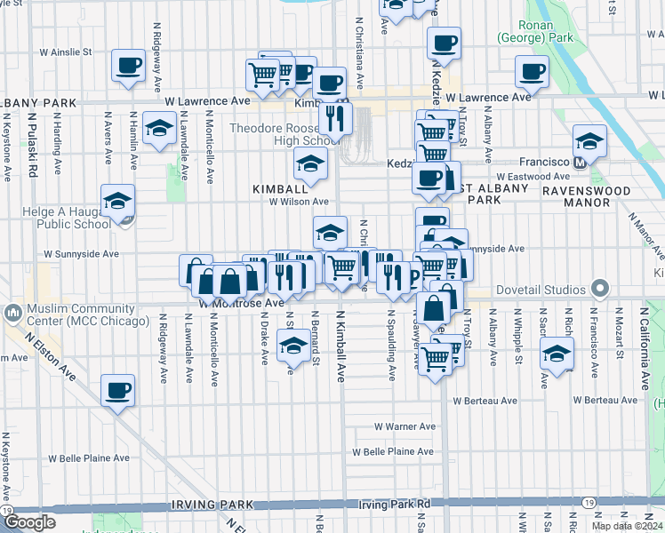 map of restaurants, bars, coffee shops, grocery stores, and more near 4445 North Bernard Street in Chicago