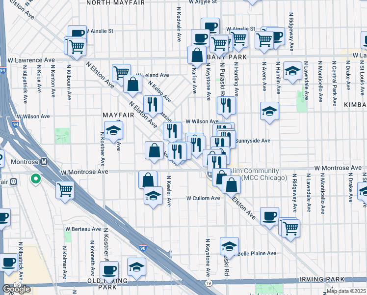 map of restaurants, bars, coffee shops, grocery stores, and more near 4500 North Elston Avenue in Chicago