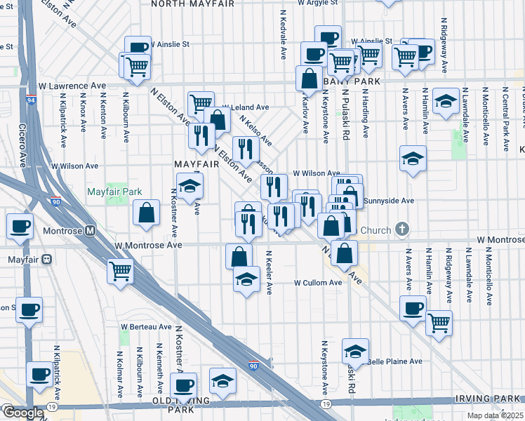 map of restaurants, bars, coffee shops, grocery stores, and more near 4473 North Keokuk Avenue in Chicago