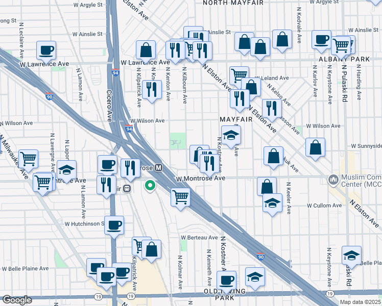 map of restaurants, bars, coffee shops, grocery stores, and more near 4455 North Kilbourn Avenue in Chicago