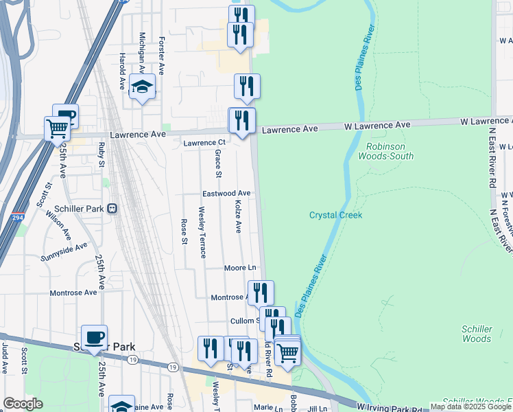 map of restaurants, bars, coffee shops, grocery stores, and more near 4622 North River Road in Schiller Park