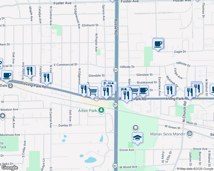 map of restaurants, bars, coffee shops, grocery stores, and more near 1210 Brookwood Street in Bensenville