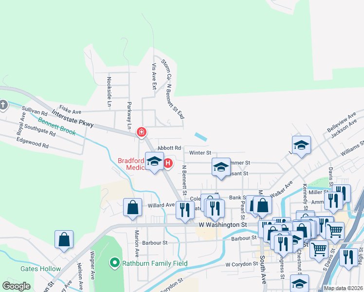 map of restaurants, bars, coffee shops, grocery stores, and more near 4-142 Prospect Street in Bradford