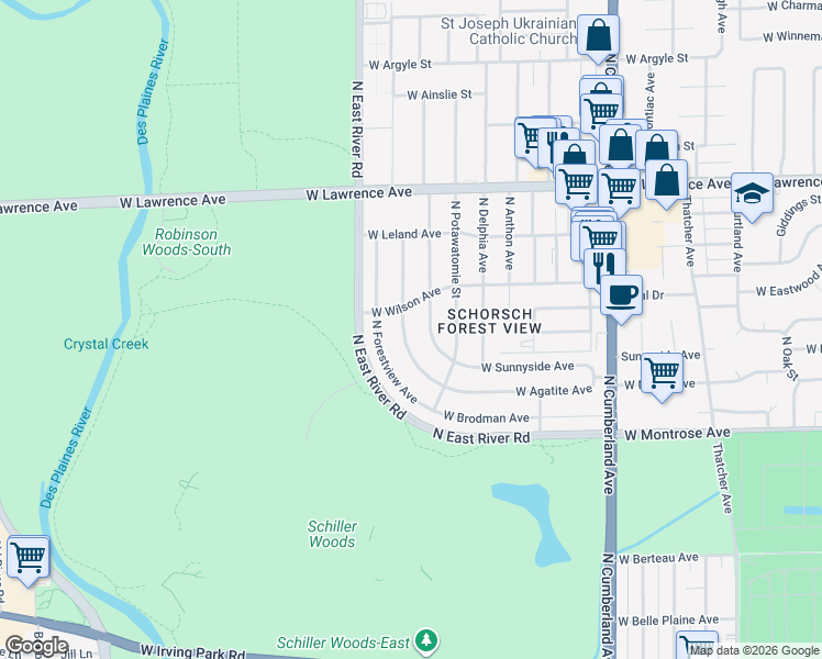 map of restaurants, bars, coffee shops, grocery stores, and more near 4549 North Reserve Avenue in Chicago