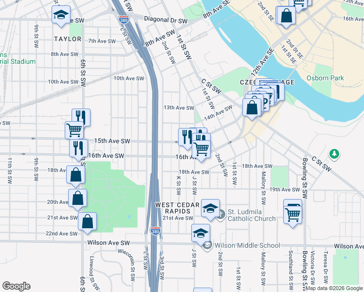 map of restaurants, bars, coffee shops, grocery stores, and more near 1507 K Street Southwest in Cedar Rapids
