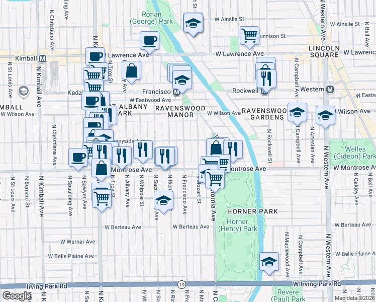 map of restaurants, bars, coffee shops, grocery stores, and more near 4439 North Francisco Avenue in Chicago
