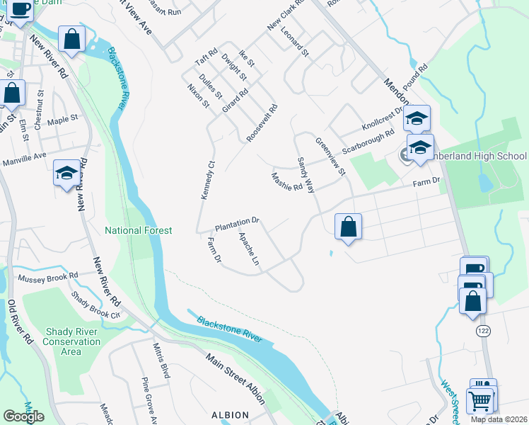 map of restaurants, bars, coffee shops, grocery stores, and more near 6 Pasquale Drive in Cumberland