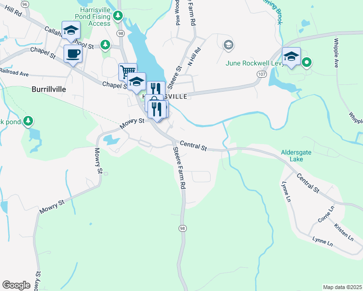 map of restaurants, bars, coffee shops, grocery stores, and more near 25 Central Street in Burrillville