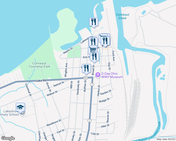 map of restaurants, bars, coffee shops, grocery stores, and more near 936 Buffalo Street in Conneaut