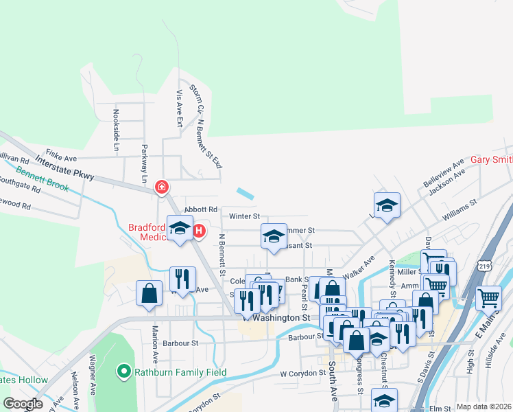 map of restaurants, bars, coffee shops, grocery stores, and more near 142 Prospect St in Bradford