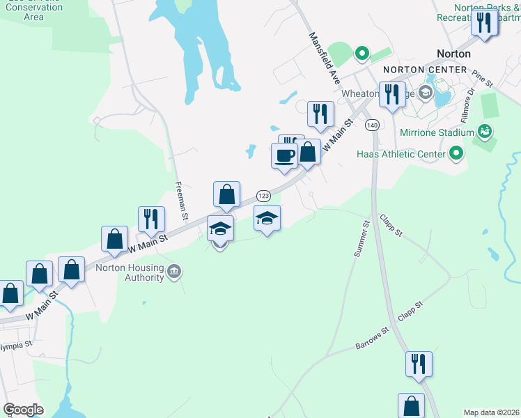 map of restaurants, bars, coffee shops, grocery stores, and more near 76 West Main Street in Norton