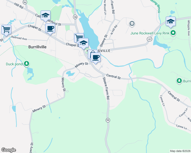 map of restaurants, bars, coffee shops, grocery stores, and more near 102 Jefferson Road in Burrillville