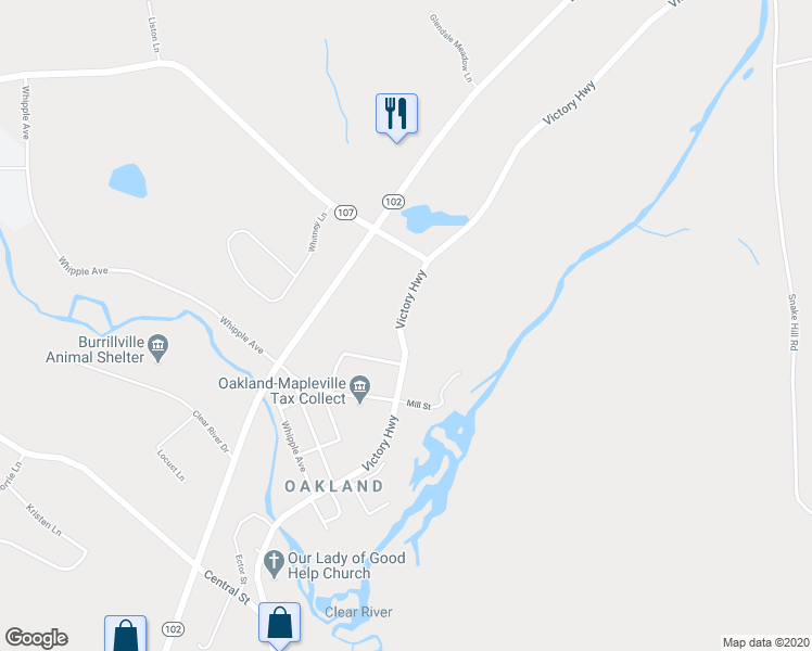 map of restaurants, bars, coffee shops, grocery stores, and more near 1387 Victory Highway in Burrillville