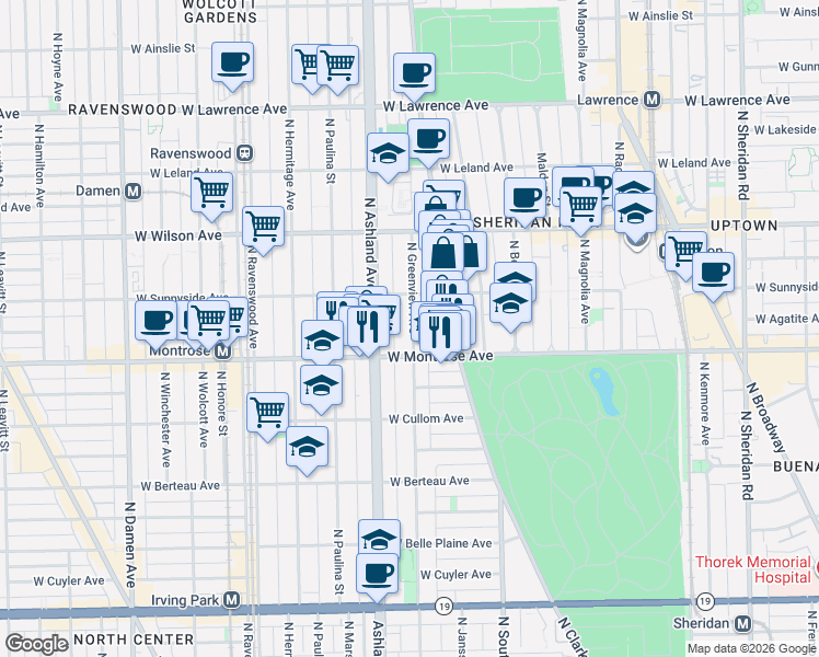 map of restaurants, bars, coffee shops, grocery stores, and more near 4444 North Greenview Avenue in Chicago
