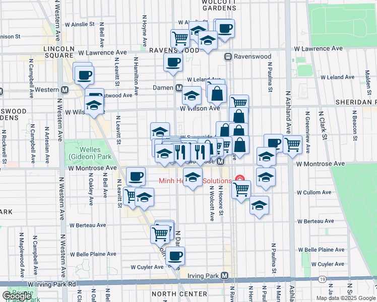 map of restaurants, bars, coffee shops, grocery stores, and more near 4430 North Winchester Avenue in Chicago